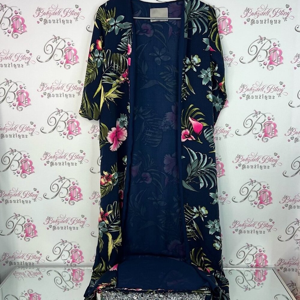 Vero Moda cardigan open waterfall tropical flowers Navy Floral Kimono